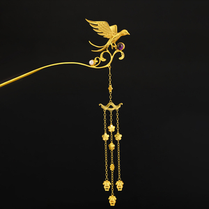 金喜鹊发簪国潮古风原创设计复古燕子发钗步摇簪古法镀18k金女饰