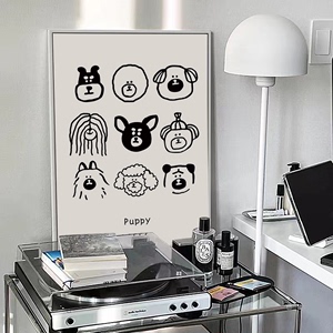 黑白猫咪狗狗简笔画装饰画可爱卡通动物儿童房卧室背景墙挂画摆画