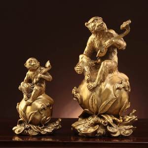 纯黄铜猴子摆件如意寿桃铜猴子客厅摆件小号精致金属猴子祝寿礼品