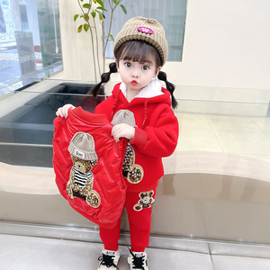 女童装冬装2023新款冬季儿童马甲女宝宝加绒卫衣男孩三件套装韩版
