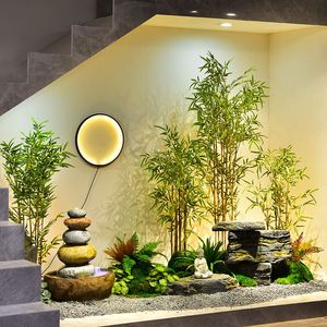 室内流水摆件循环水景观楼梯下假山石造景仿真竹子盆栽形象墙布置