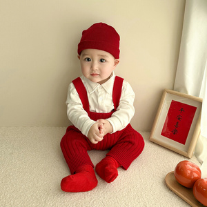 春季男婴儿宝宝喜庆红色毛衣背带裤套装抓周新年服生日礼服