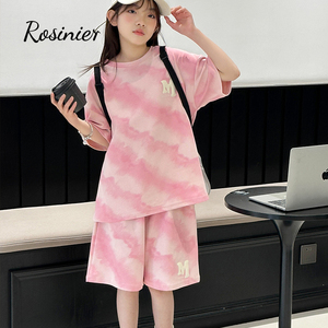 韩国ROSINIER 女童短袖运动套装2024新款夏季纯棉中大童潮酷夏装