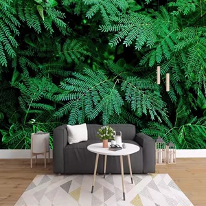 3D现代清新绿色叶子自然风景背景墙热带雨林植物花卉墙纸壁画壁纸