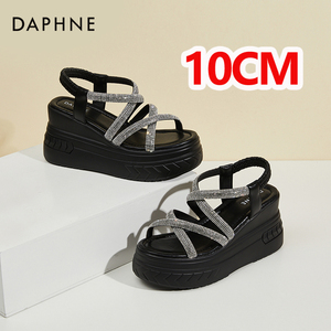达芙妮黑色坡跟凉鞋女夏季小个子增高10CM8CM厚底松糕气质罗马鞋
