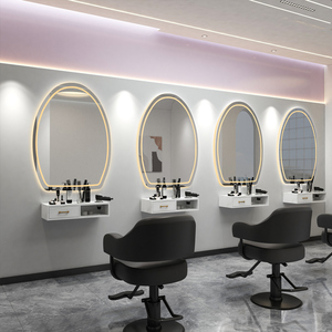 理发店镜台发廊专用染烫台面单面led暖光美发店镜子壁挂柜子一体