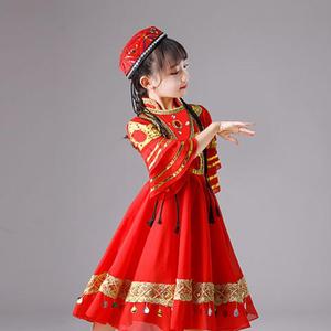 新疆舞蹈演出服回族哈萨克族女童可爱练习舞六一少数民族服大摆裙