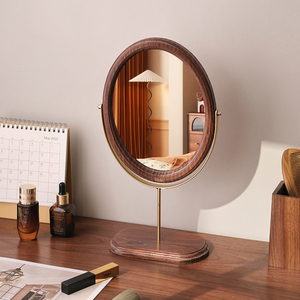 复古实木化妆镜家用桌面木质中式立式可旋转梳妆镜卧室台式镜子
