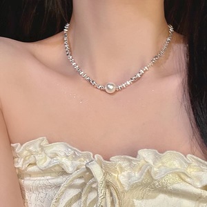 碎银子单颗珍珠吊坠项链女2024年新款式锁骨链百搭颈链配饰女饰品