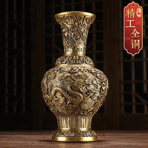 中式双龙铜花瓶纯铜中国风仿古干花插花家居客厅装饰书房供佛高档