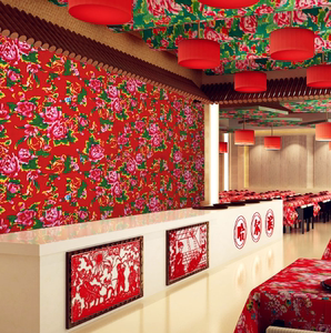 红色牡丹花布壁纸农村餐饮酒店背景布特色风格装饰饭店小酒馆墙纸