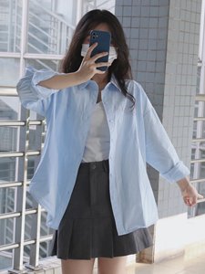 2024年新款浅蓝色长袖衬衫女夏季设计感纯棉防嗮衬衣韩版薄款上衣