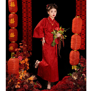 新中式改良旗袍新娘晨袍酒红色复古中国风敬酒服订婚礼服两件套装