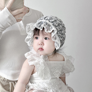 婴儿帽子夏季薄款女宝宝蕾丝花边公主遮阳帽可爱网纱透气宫廷帽女