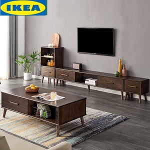 宜家黑胡桃木色全实木电视柜现代简约北欧客厅墙柜茶几组合小户型