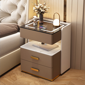 智能床头柜简约现代高级感三抽轻奢家用卧室床头储物实木收纳柜子