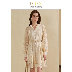 GDS澳洲品牌2024新款高端小香风蕾丝镂空长袖连衣裙大码女中长款