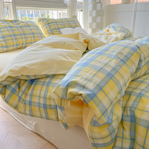 IKEA宜家夏季床上四件套奶黄格子被套床单床笠非全棉纯棉水洗棉单