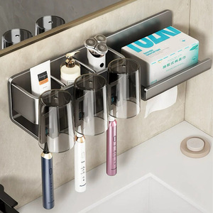 多功能牙刷架牙膏牙刷放置器免打孔厕所纸巾架卫生间壁挂式漱口杯