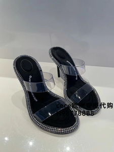 alexanderwang/亚历山大王AW水钻透明一字带拖鞋露趾细跟高跟凉鞋