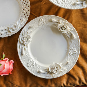 特别好看的盘子高级法式浪漫陶瓷捏花精致点心盘浮雕下午茶高脚点