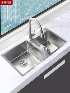 东鹏官方正品厨房水槽银色大双槽加厚304不锈钢家用手工洗菜盆台