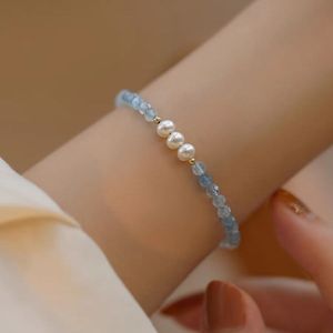 天然淡水珍珠手链女极细小米珠海蓝宝水晶手串设计感小众气质手饰