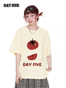 第五天 日系西红柿奶杏短袖t恤女新款国潮复古宽松正肩学生体恤夏