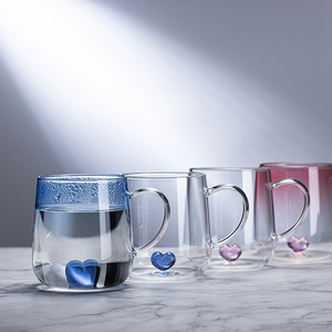 心底玻璃单层杯 渐变蓝色情侣暖心杯 带把创意爱心牛奶果汁杯水杯