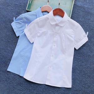 女童短袖衬衫校服棉2024年夏季童装英伦风中大儿童蝴蝶结白色衬衣