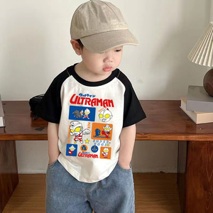 男童日系短袖t恤2024夏季新款儿童卡通奥特曼拼接半袖上衣打底衫