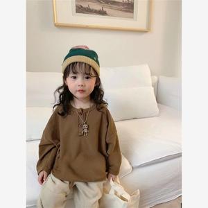 韩国童装2023春季中性宝宝纯色休闲卫衣中小潮童洋气复古套头上衣