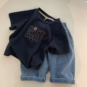 韩系男宝宝时髦二件套夏季新款男童韩版字母短袖牛仔短裤休闲套装