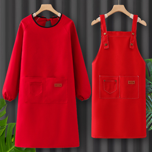 长袖围裙做饭红色时尚罩衣女新款工作服大人定制logo印字冬季护衣