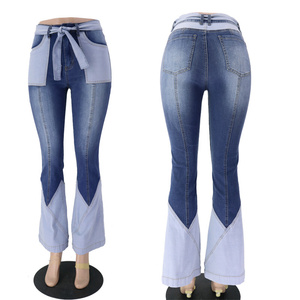 70年代复古高腰两色拼接腰带高质量现货亚马逊欧美女装牛仔喇叭裤