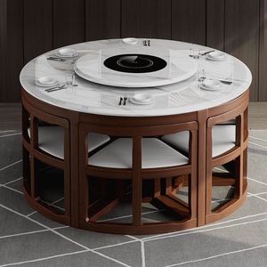 大理石餐桌椅组合现代简约伸缩家用饭桌小户型家具实木折叠圆桌子