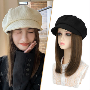 帽子假发一体女款2023新款时尚化疗后带头发的贝雷帽长发连帽冬天