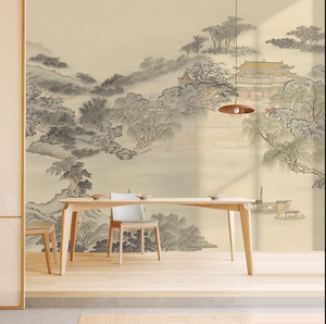 现代中式轻奢风景山水楼阁卧室沙发背景墙纸壁布茶室饭店定制壁画