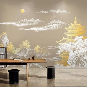 新中式饭店墙布金色山水壁画客厅茶室背景墙壁纸墙面卧室餐厅壁布