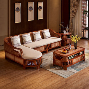 东南亚藤沙发组合新中式印尼真藤贵妃布艺沙发小户型客厅家具套装