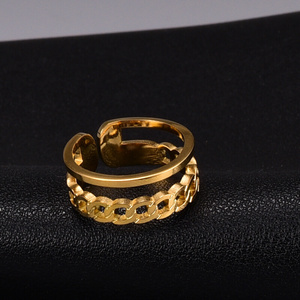 J06欧美双层锁链戒指镂空线条指环女款秋冬宽版 钛钢镀18K金