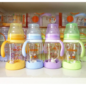 多美茜D317玻璃奶瓶宽口径婴幼儿童防摔硅胶吸管防胀气喝水果汁瓶