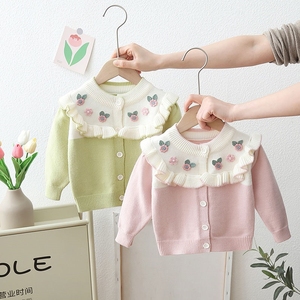 女童秋装外套婴儿针织开衫韩版绣花中小童外穿上衣可爱女宝宝毛衣