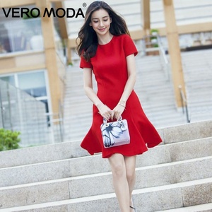 代购Vero Moda杨颖同款圆领红色连衣裙夏季显瘦圆领荷叶边鱼尾裙