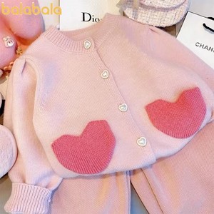 巴拉巴拉女童春秋季韩版洋气甜美粉色针织开衫女宝宝爱心单排扣毛