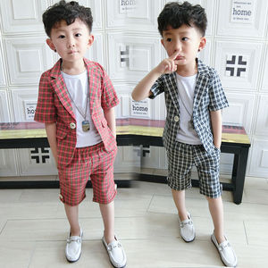 男童夏季小格子西装套装夏款儿童走秀表演服宝宝短袖礼服韩版西服