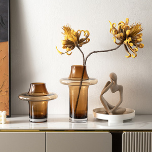 茉澈 中古花瓶草帽造型棕黄色玻璃花瓶加厚艺术插花花器客厅摆件