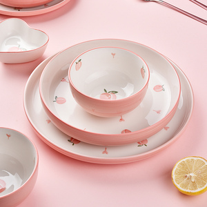粉色桃子陶瓷碗碟釉下彩烤盘沙拉碗家用饭碗菜盘子焗饭碗可微波炉