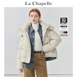 拉夏贝尔/La Chapelle连帽短款牛仔拼接羽绒服女设计感加厚外套冬