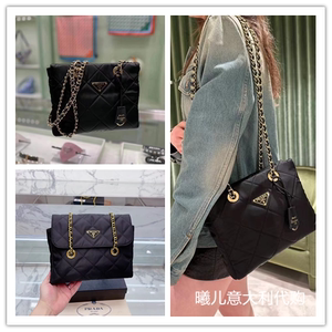 prada/普拉达女包黑金菱格尼龙购物袋降落伞单肩斜挎包中古托特包